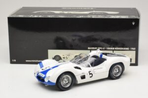 Maserati Tipo 61 #5 S. Moss / D. Gurney Camoradi ADAC 1000km Nurburgring Winner 1960 Minichamps 1:18 100601205 Metalli — kuva 8 / 8